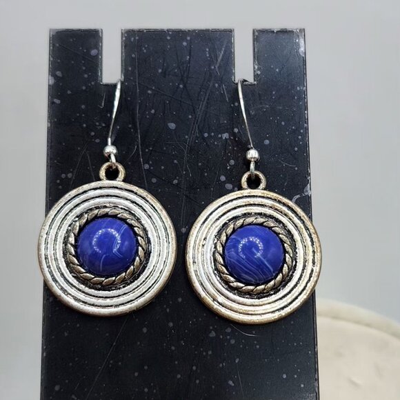 Silvertone Blue Cabochon Stone Earrings Round Pierced - Picture 1 of 2